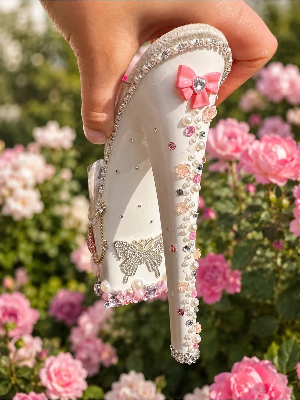 White Jeweled Platform Heels with Pink Crystal Accents